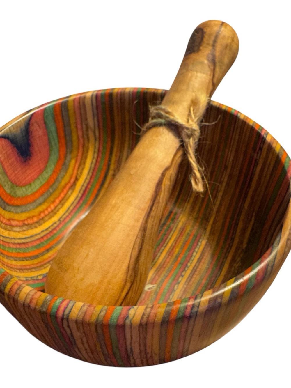 Handcrafted Rainbow Striped Wooden Bowl with Pestle Boho Artisan Rustic